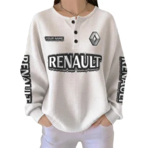 Renault Women’s Waffle Knit Long Sleeve Relaxed Button V-Neck Customize Name