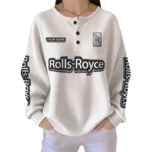 Rolls Royce Women’s Waffle Knit Long Sleeve Relaxed Button V-Neck Customize Name