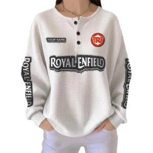 Royal Enfield Women’s Waffle Knit Long Sleeve Relaxed Button V-Neck Customize Name