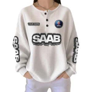 Saab Women’s Waffle Knit Long Sleeve Relaxed Button V-Neck Customize Name