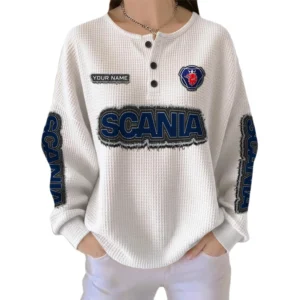 Scania Women’s Waffle Knit Long Sleeve Relaxed Button V-Neck Customize Name