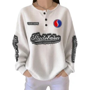 Studebaker Women’s Waffle Knit Long Sleeve Relaxed Button V-Neck Customize Name