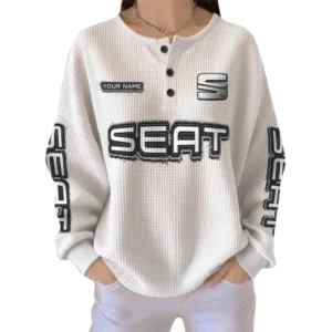 Seat Women’s Waffle Knit Long Sleeve Relaxed Button V-Neck Customize Name