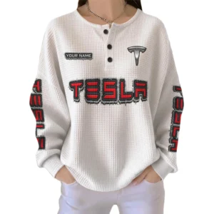 Tesla Women’s Waffle Knit Long Sleeve Relaxed Button V-Neck Customize Name