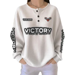 Victory Motorcycles Women’s Waffle Knit Long Sleeve Relaxed Button V-Neck Customize Name