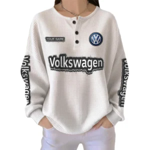 Volkswagen Women’s Waffle Knit Long Sleeve Relaxed Button V-Neck Customize Name