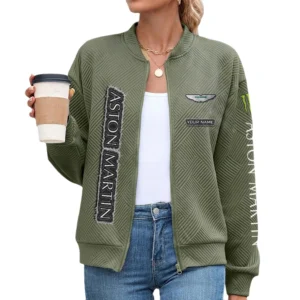 Aston Martin Women’s Lightweight Textured Bomber Jacket Full Zip Stand Collar Outerwear Customize Name
