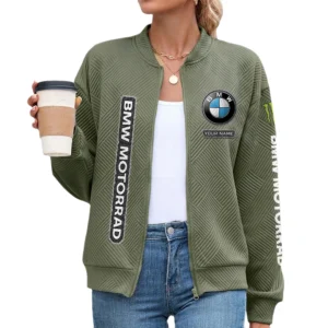 BMW Motorrad Women’s Lightweight Textured Bomber Jacket Full Zip Stand Collar Outerwear Customize Name