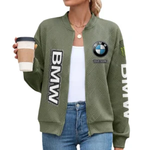 BMW Women’s Lightweight Textured Bomber Jacket Full Zip Stand Collar Outerwear Customize Name