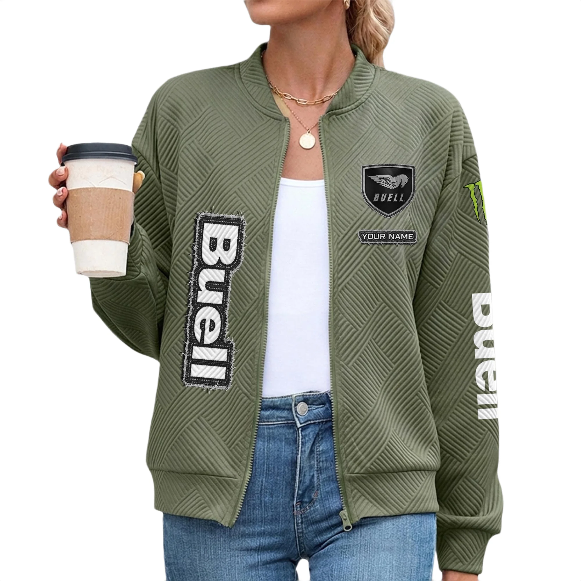 Buell Motorcycles Women’s Lightweight Textured Bomber Jacket Full Zip Stand Collar Outerwear Customize Name Buell Motorcycles Women’s Lightweight Textured Bomber Jacket Full Zip Stand Collar Outerwear Customize Name