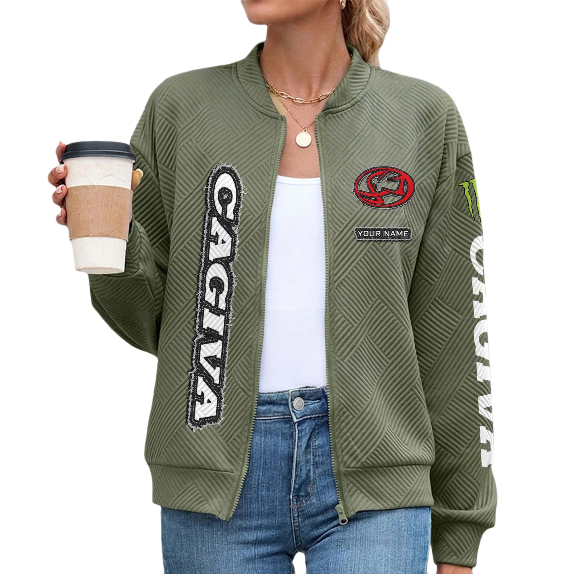 Cagiva Women’s Lightweight Textured Bomber Jacket Full Zip Stand Collar Outerwear Customize Name Cagiva Women’s Lightweight Textured Bomber Jacket Full Zip Stand Collar Outerwear Customize Name