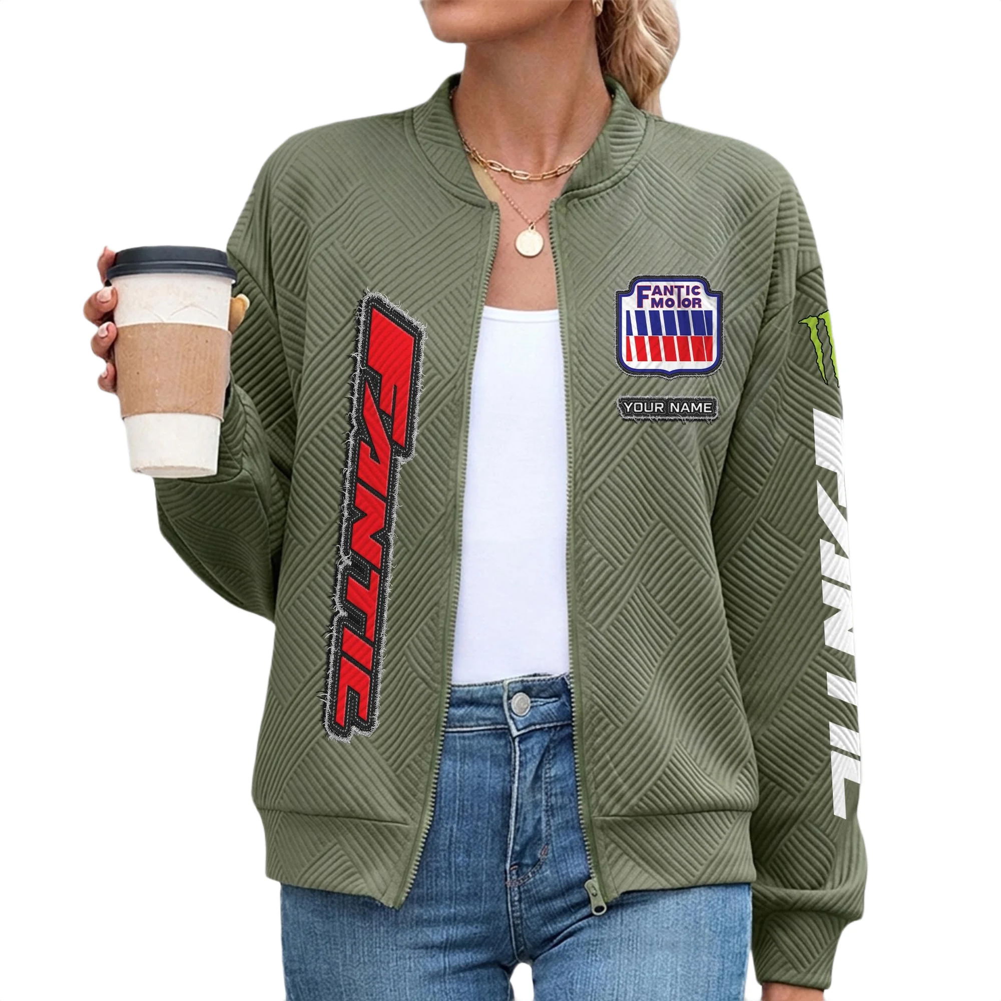 Fantic Motor Women’s Lightweight Textured Bomber Jacket Full Zip Stand Collar Outerwear Customize Name Fantic Motor Women’s Lightweight Textured Bomber Jacket Full Zip Stand Collar Outerwear Customize Name