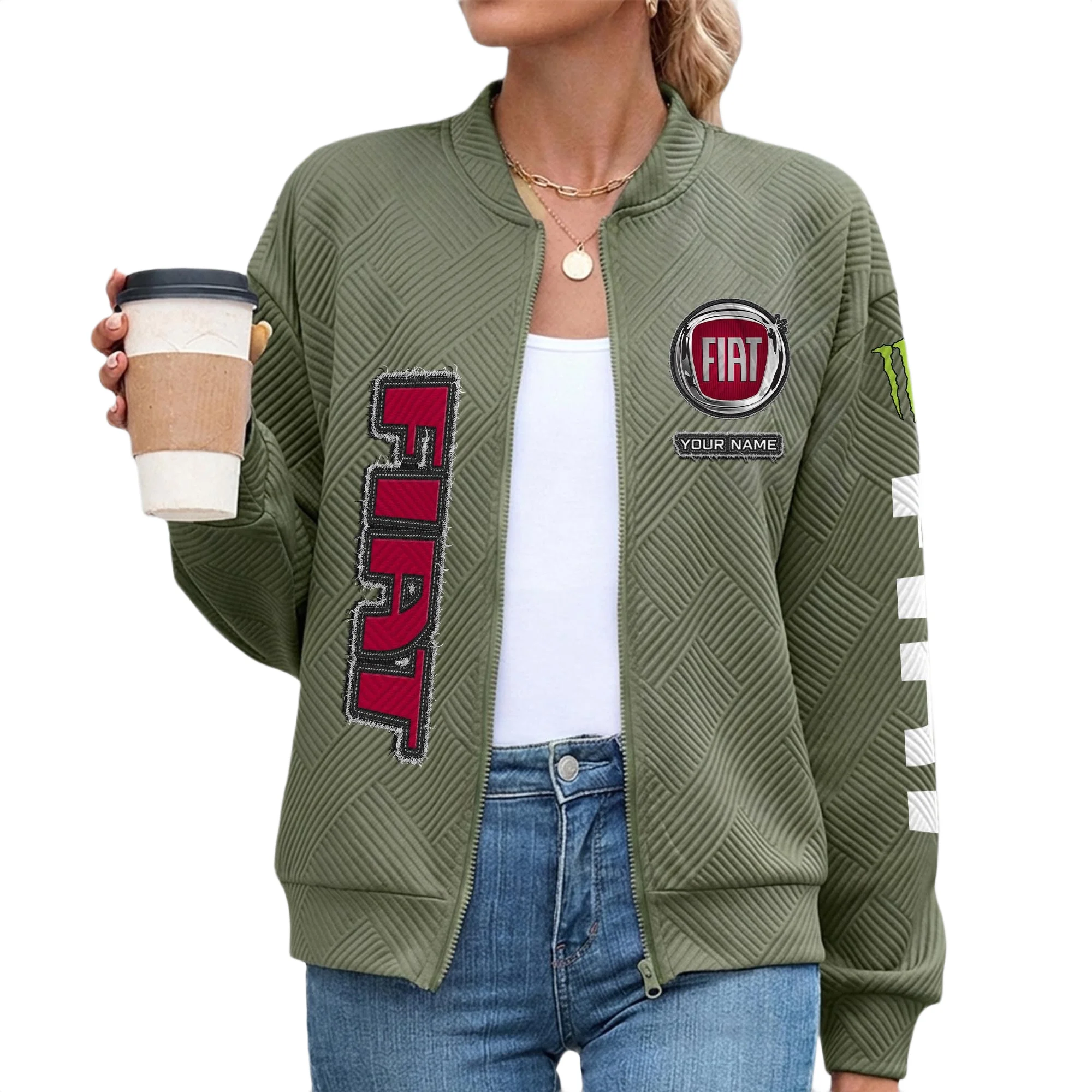 Fiat Women’s Lightweight Textured Bomber Jacket Full Zip Stand Collar Outerwear Customize Name Fiat Women’s Lightweight Textured Bomber Jacket Full Zip Stand Collar Outerwear Customize Name