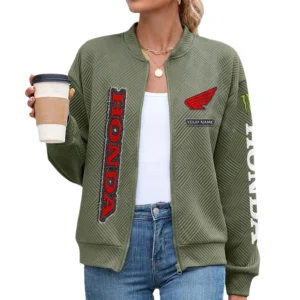 Honda Motor Women’s Lightweight Textured Bomber Jacket Full Zip Stand Collar Outerwear Customize Name