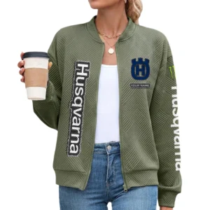 Husqvarna Motorcycles Women’s Lightweight Textured Bomber Jacket Full Zip Stand Collar Outerwear Customize Name