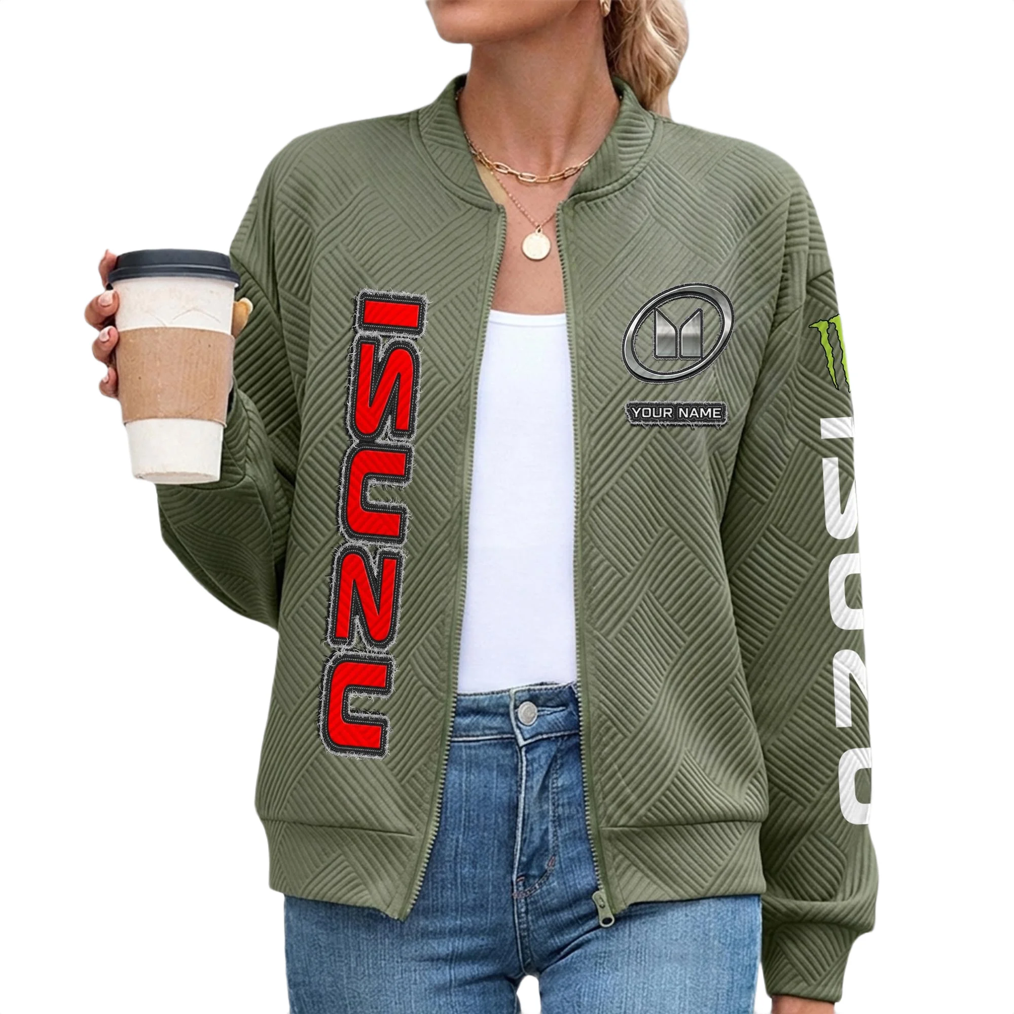 Isuzu Women’s Lightweight Textured Bomber Jacket Full Zip Stand Collar Outerwear Customize Name Isuzu Women’s Lightweight Textured Bomber Jacket Full Zip Stand Collar Outerwear Customize Name