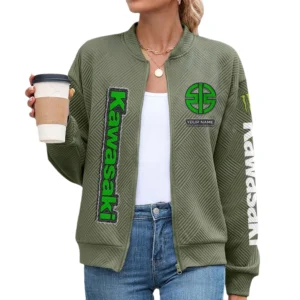 Kawasaki Women’s Lightweight Textured Bomber Jacket Full Zip Stand Collar Outerwear Customize Name