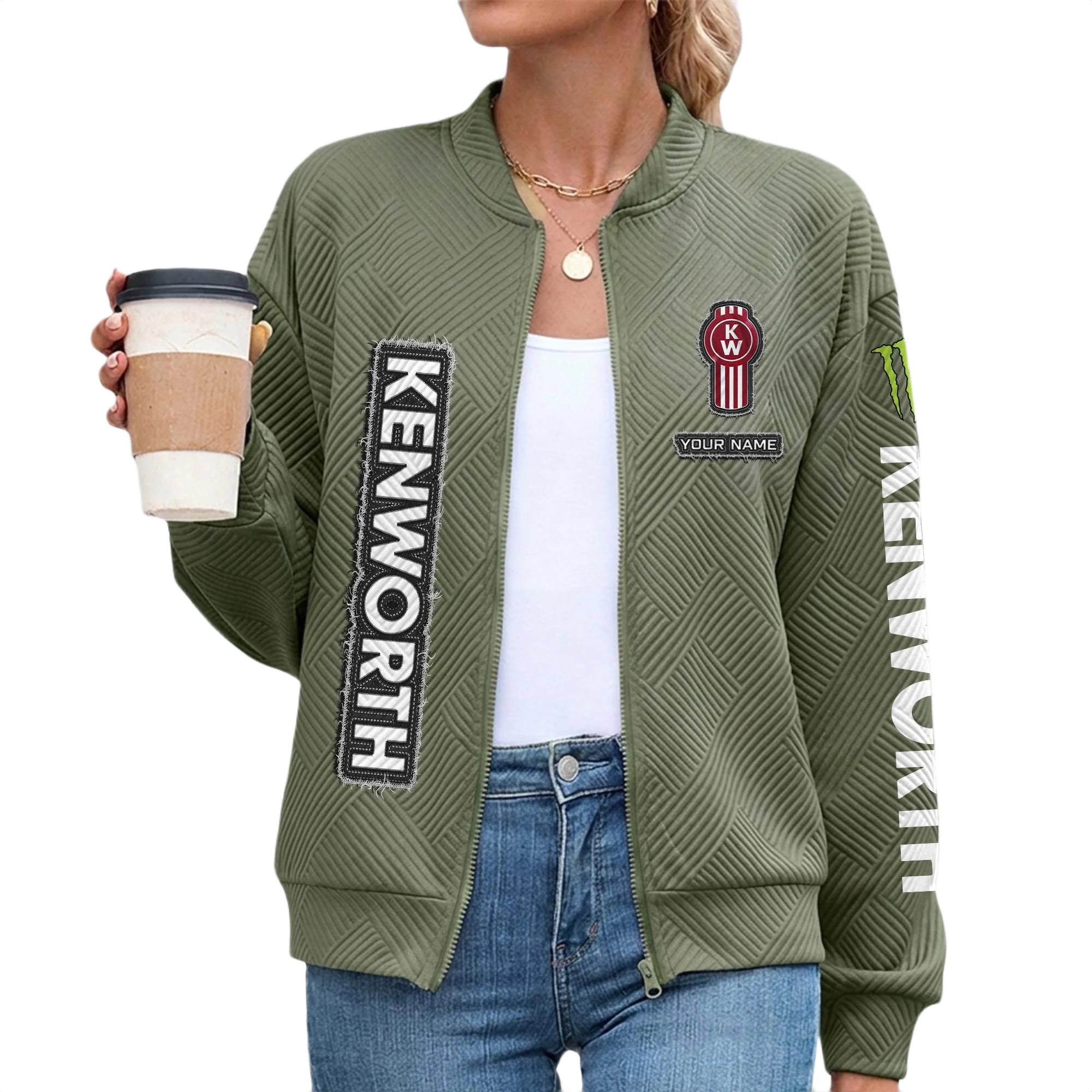 Kenworth Women’s Lightweight Textured Bomber Jacket Full Zip Stand Collar Outerwear Customize Name Kenworth Women’s Lightweight Textured Bomber Jacket Full Zip Stand Collar Outerwear Customize Name