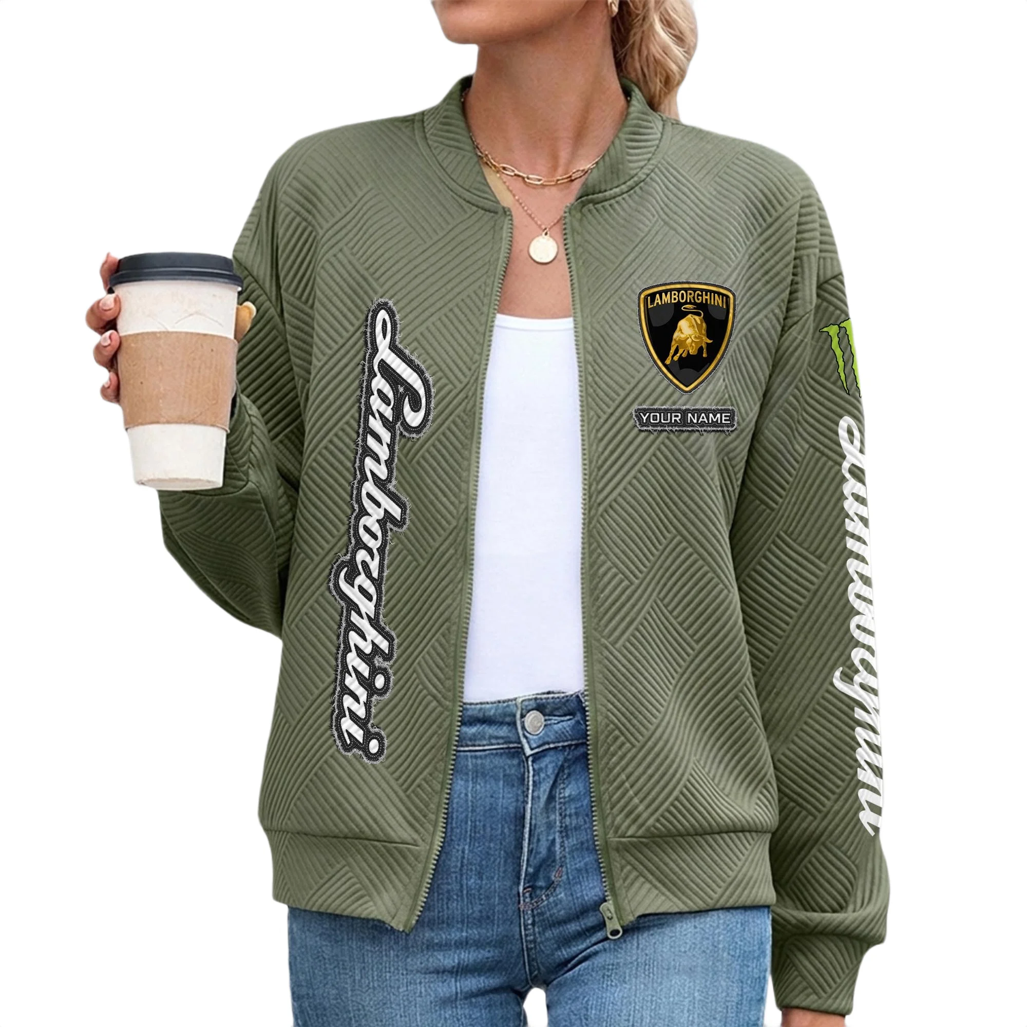 Lamborghini Women’s Lightweight Textured Bomber Jacket Full Zip Stand Collar Outerwear Customize Name Lamborghini Women’s Lightweight Textured Bomber Jacket Full Zip Stand Collar Outerwear Customize Name