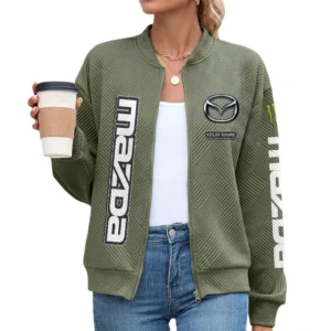 Mazda Women’s Lightweight Textured Bomber Jacket Full Zip Stand Collar Outerwear Customize Name