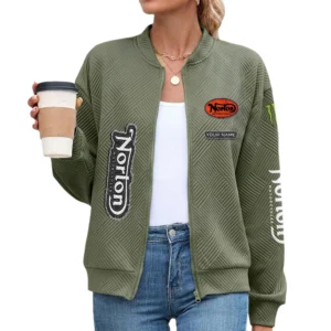 Norton Motorcycles Women’s Lightweight Textured Bomber Jacket Full Zip Stand Collar Outerwear Customize Name