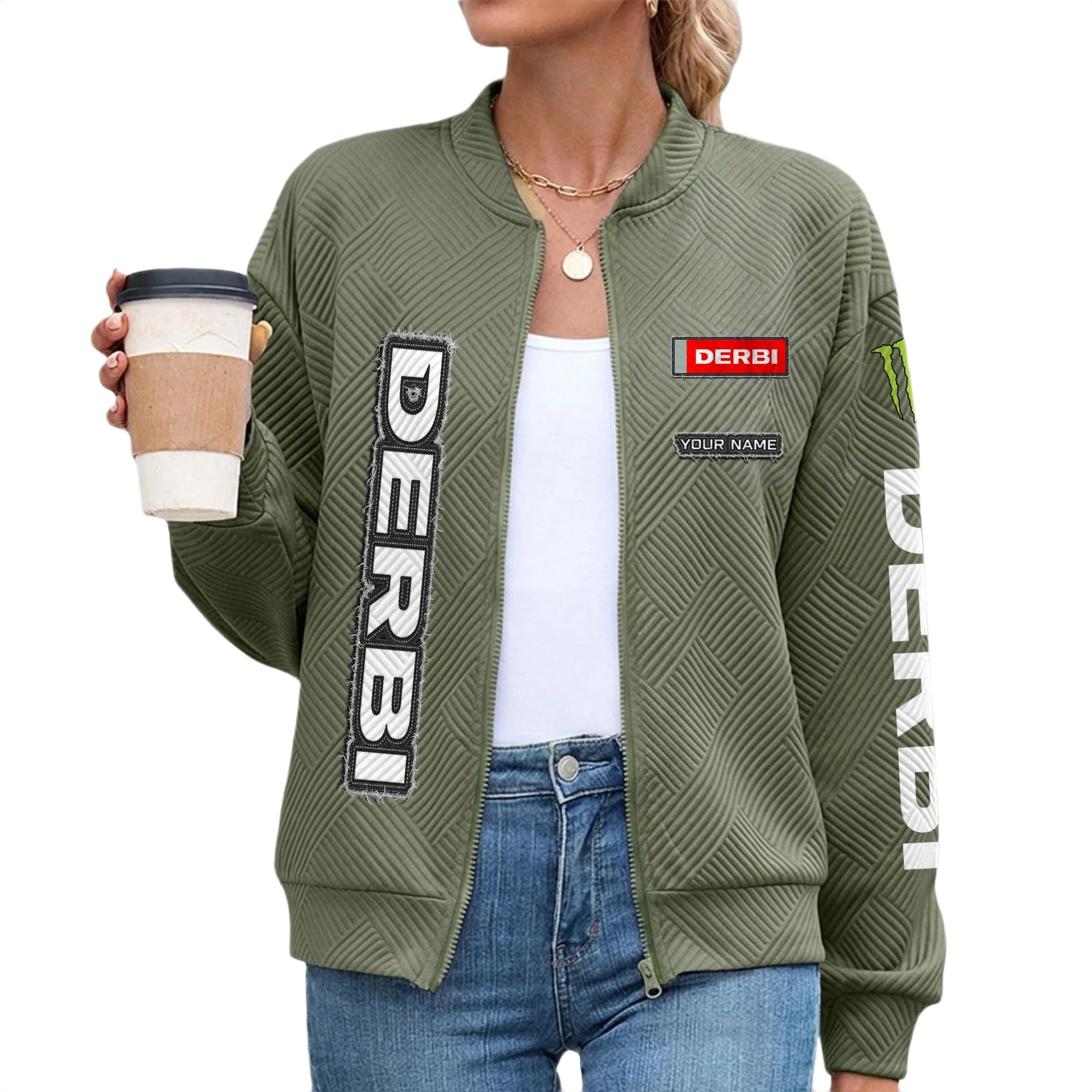 Derbi Women’s Lightweight Textured Bomber Jacket Full Zip Stand Collar Outerwear Customize Name Derbi Women’s Lightweight Textured Bomber Jacket Full Zip Stand Collar Outerwear Customize Name