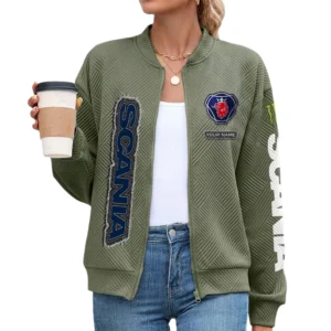 Scania Women’s Lightweight Textured Bomber Jacket Full Zip Stand Collar Outerwear Customize Name