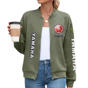 Yamaha Motor Women’s Lightweight Textured Bomber Jacket Full Zip Stand Collar Outerwear Customize Name