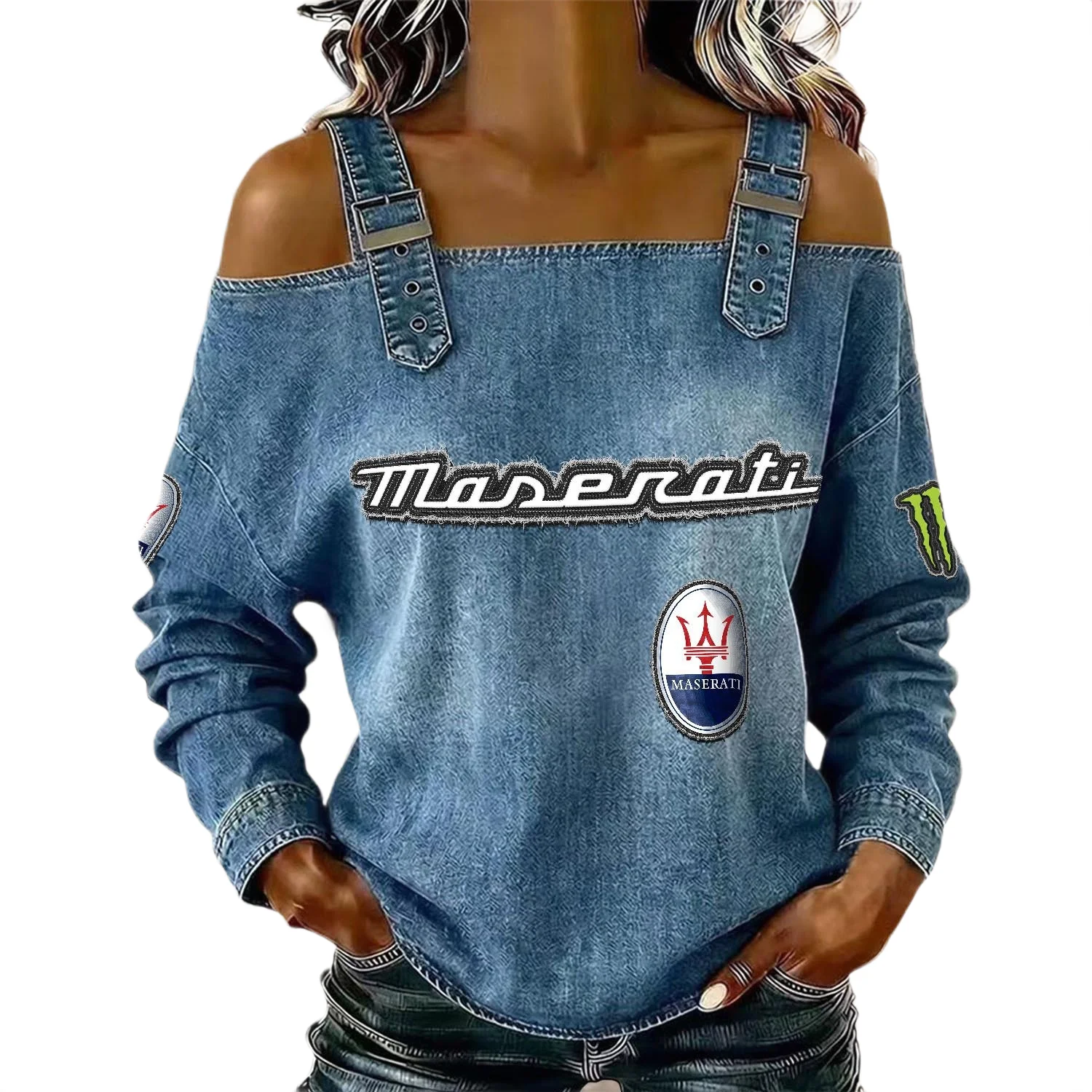 Maserati Women’s Off Shoulder Top Buckle Strap Cold Shoulder Long Sleeve Limited Maserati Women's Off Shoulder Top Buckle Strap Cold Shoulder Long Sleeve Limited
