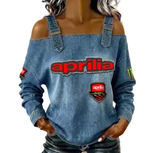 Aprilia Motorcycles Women's Off Shoulder Top Buckle Strap Cold Shoulder Long Sleeve