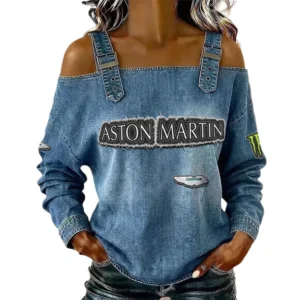 Aston Martin Women's Off Shoulder Top Buckle Strap Cold Shoulder Long Sleeve