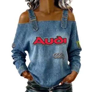 Audi Women's Off Shoulder Top Buckle Strap Cold Shoulder Long Sleeve