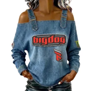 Big Dog Motorcycles Women's Off Shoulder Top Buckle Strap Cold Shoulder Long Sleeve