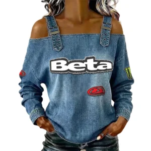 Beta Motorcycles Women's Off Shoulder Top Buckle Strap Cold Shoulder Long Sleeve