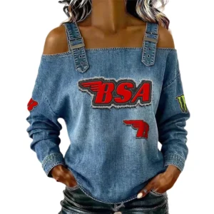 BSA Motorcycles Women's Off Shoulder Top Buckle Strap Cold Shoulder Long Sleeve