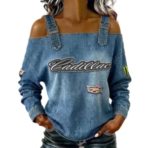 Cadillac Women's Off Shoulder Top Buckle Strap Cold Shoulder Long Sleeve
