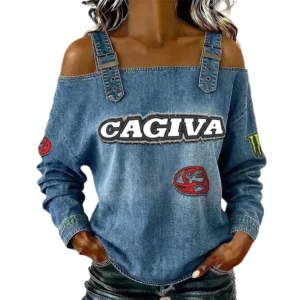 Cagiva Women's Off Shoulder Top Buckle Strap Cold Shoulder Long Sleeve