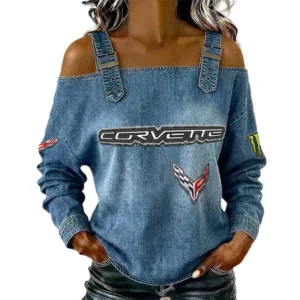 Corvette Women's Off Shoulder Top Buckle Strap Cold Shoulder Long Sleeve