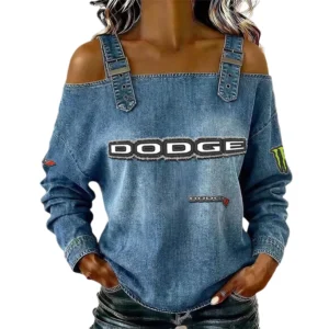Dodge Women's Off Shoulder Top Buckle Strap Cold Shoulder Long Sleeve