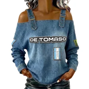 De Tomaso Women's Off Shoulder Top Buckle Strap Cold Shoulder Long Sleeve