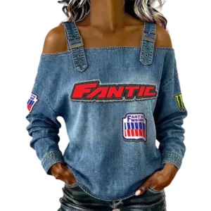Fantic Motor Women's Off Shoulder Top Buckle Strap Cold Shoulder Long Sleeve
