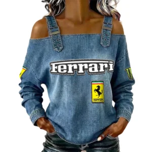 Ferrari Women's Off Shoulder Top Buckle Strap Cold Shoulder Long Sleeve