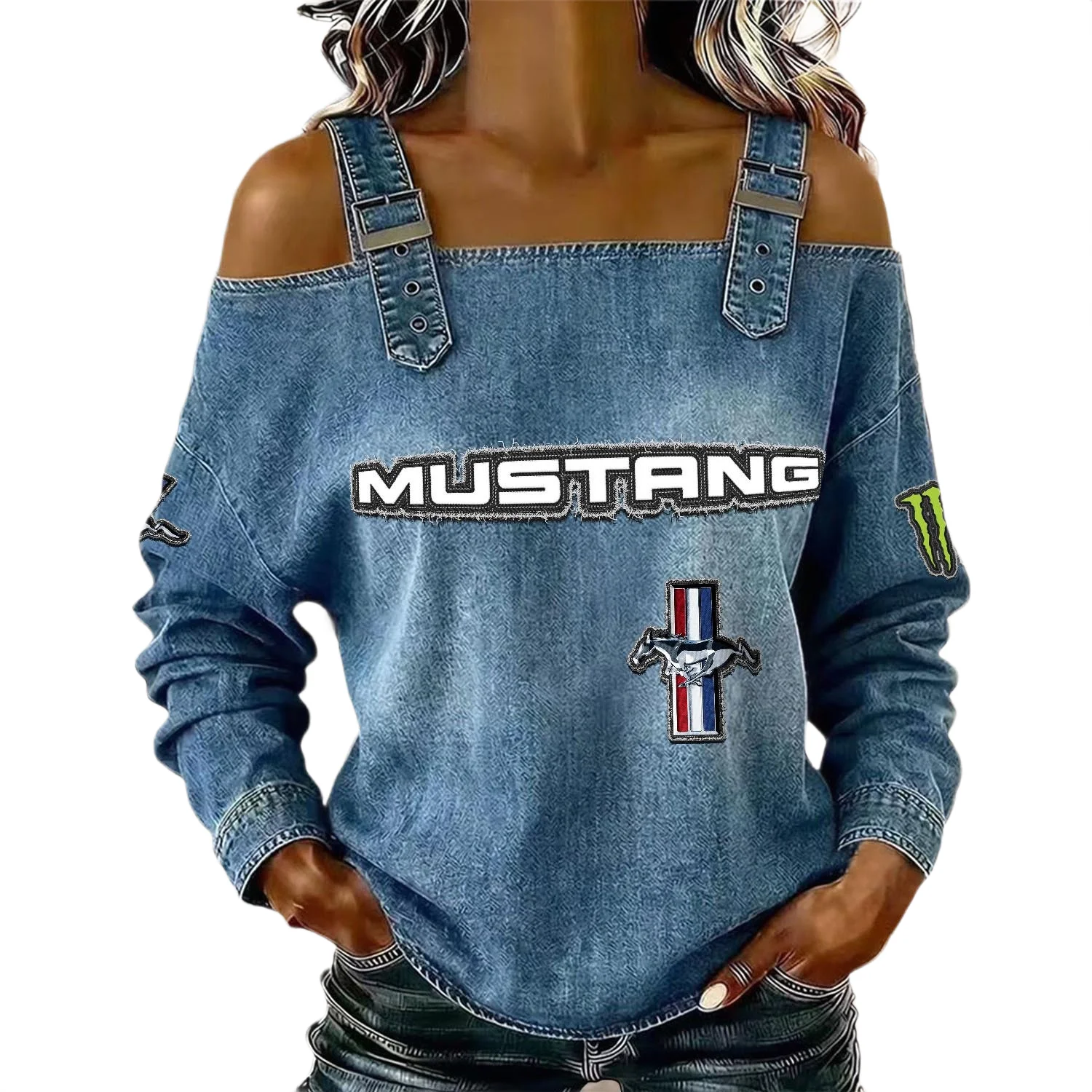 Ford Mustang Women’s Off Shoulder Top Buckle Strap Cold Shoulder Long Sleeve Ford Mustang Women's Off Shoulder Top Buckle Strap Cold Shoulder Long Sleeve