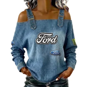 Ford Women's Off Shoulder Top Buckle Strap Cold Shoulder Long Sleeve