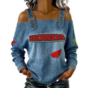 Honda Motor Women's Off Shoulder Top Buckle Strap Cold Shoulder Long Sleeve