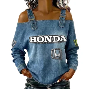 Honda Women's Off Shoulder Top Buckle Strap Cold Shoulder Long Sleeve