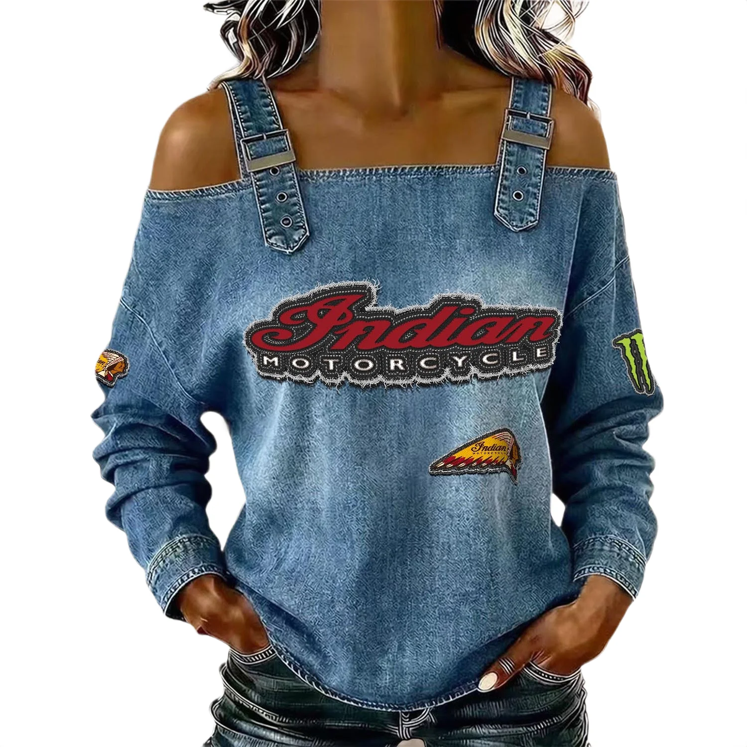 Indian Motorcycle Women’s Off Shoulder Top Buckle Strap Cold Shoulder Long Sleeve Indian Motorcycle Women's Off Shoulder Top Buckle Strap Cold Shoulder Long Sleeve