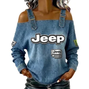 Jeep Women's Off Shoulder Top Buckle Strap Cold Shoulder Long Sleeve
