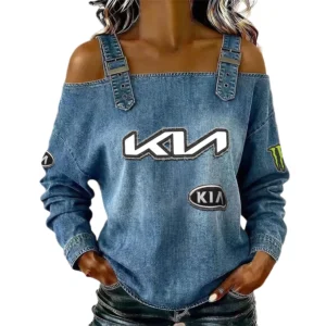 KIA Car Women's Off Shoulder Top Buckle Strap Cold Shoulder Long Sleeve