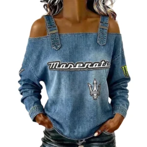 Maserati Women's Off Shoulder Top Buckle Strap Cold Shoulder Long Sleeve